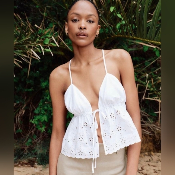 Zara Tops - Zara Eyelet Babydoll Tie Front Top White Size S